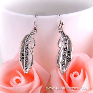 Rhinestone Alloy Feather Earrings With Words Silver Earrings